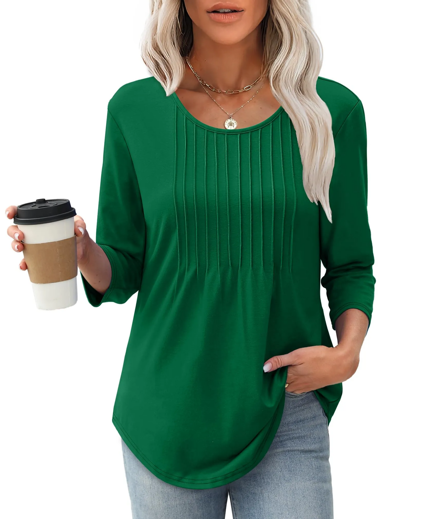 Limited time sale🔥Women's 3/4 Length Sleeve Crewneck Casual Pleated Tunic Tops