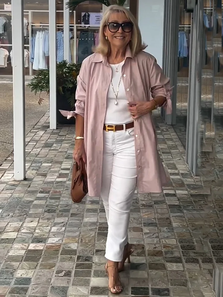 Stand Collar Long Cotton Shirt Jackets Women Swing Shap Flattering Gathered Yolk At The Back