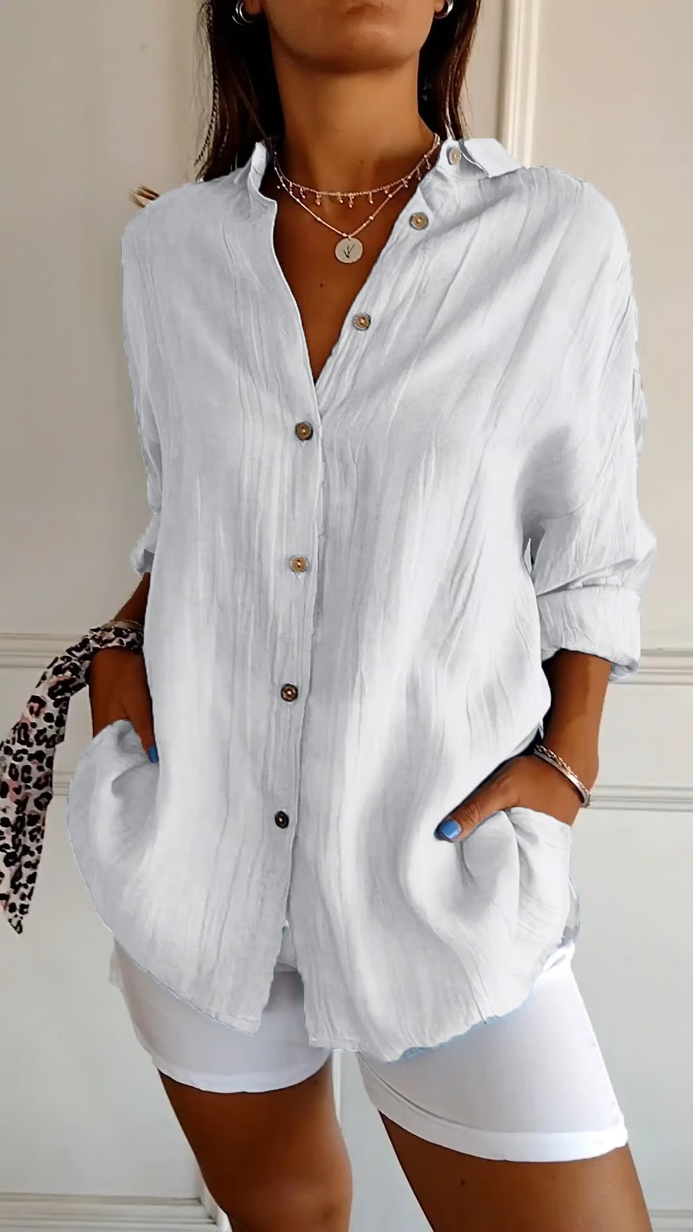 Women's Cotton and Linen Casual Single-Breasted Pleated Lapel Shirt