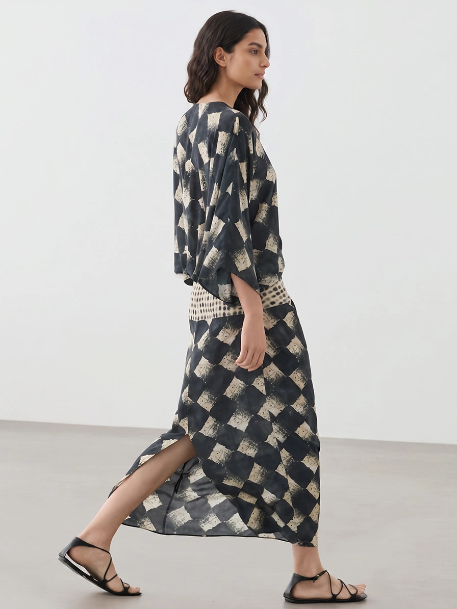 Casual Abstract Plaid Print Kimono Sleeve Maxi Dress