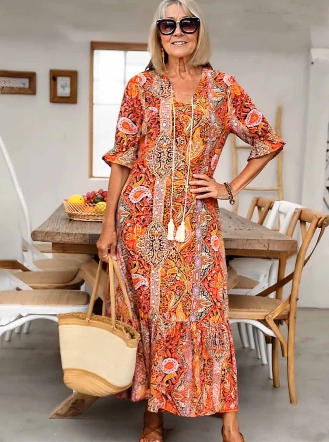 Vacation DRESS Paisley Bohemian Long Length Vintage Print Tassel Tie Neck Tunic Dress - Elegant Vacation Style with Drawstring, Ruffle Hem, and Random Printing