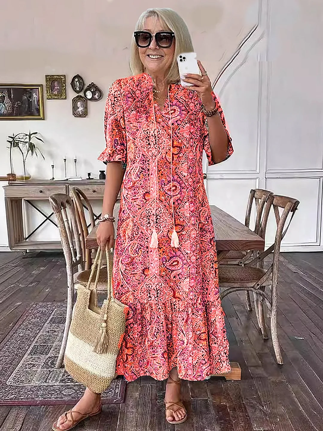 Vacation DRESS Paisley Bohemian Long Length Vintage Print Tassel Tie Neck Tunic Dress - Elegant Vacation Style with Drawstring, Ruffle Hem, and Random Printing