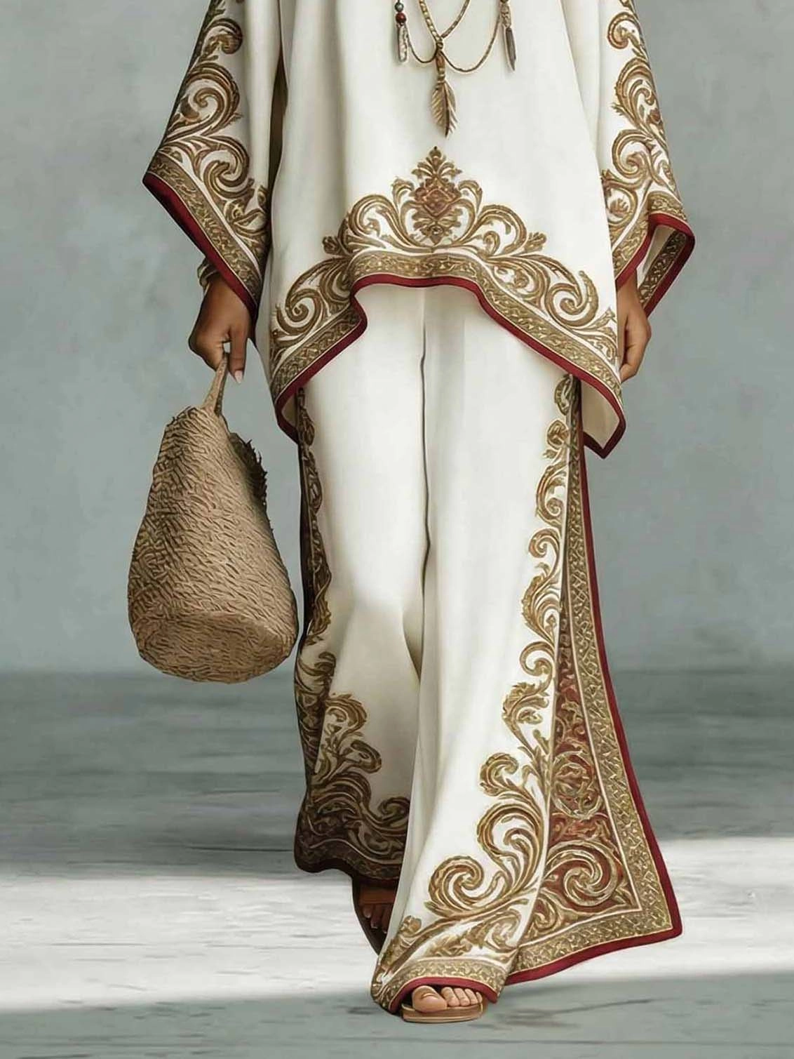 Elegant Satin Printed Oversized Shawl Top & Pants Two-Piece Set