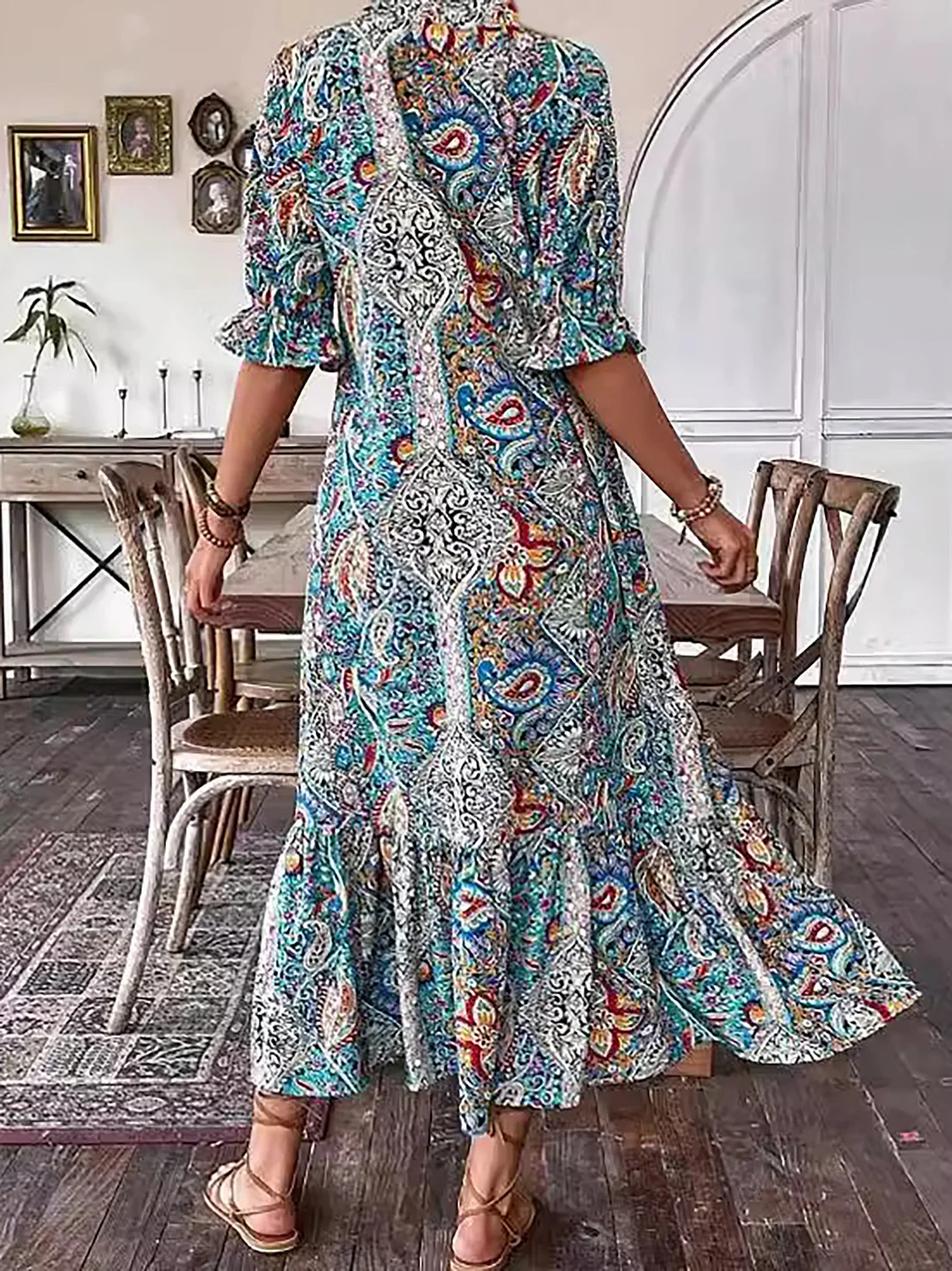 Vacation DRESS Paisley Bohemian Long Length Vintage Print Tassel Tie Neck Tunic Dress - Elegant Vacation Style with Drawstring, Ruffle Hem, and Random Printing