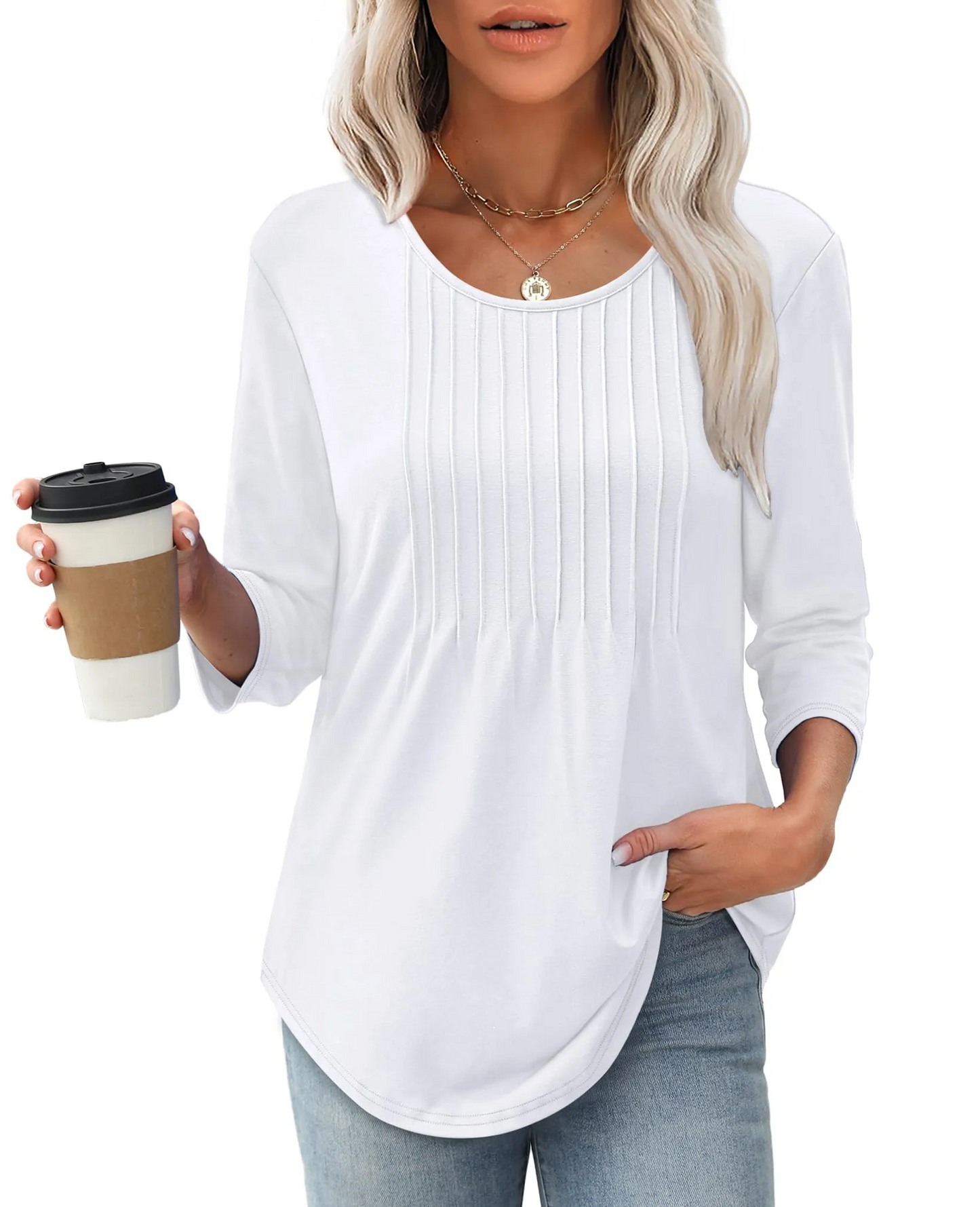 Limited time sale🔥Women's 3/4 Length Sleeve Crewneck Casual Pleated Tunic Tops