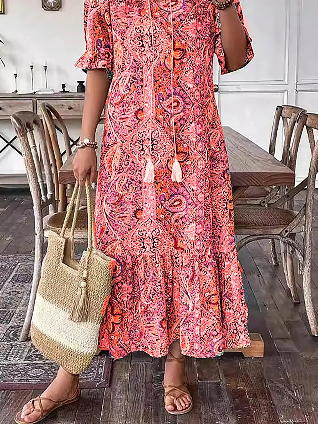 Vacation DRESS Paisley Bohemian Long Length Vintage Print Tassel Tie Neck Tunic Dress - Elegant Vacation Style with Drawstring, Ruffle Hem, and Random Printing