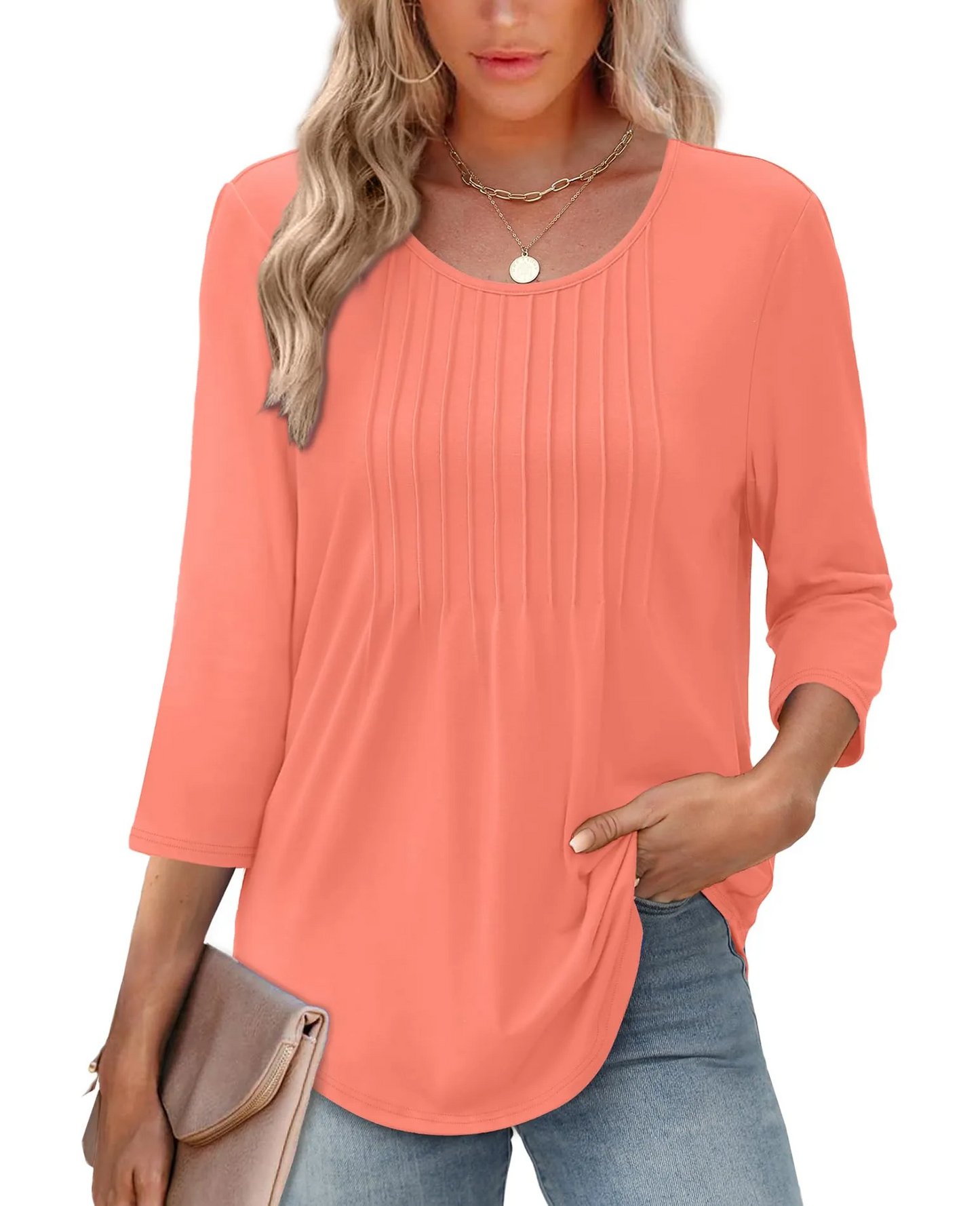 Limited time sale🔥Women's 3/4 Length Sleeve Crewneck Casual Pleated Tunic Tops