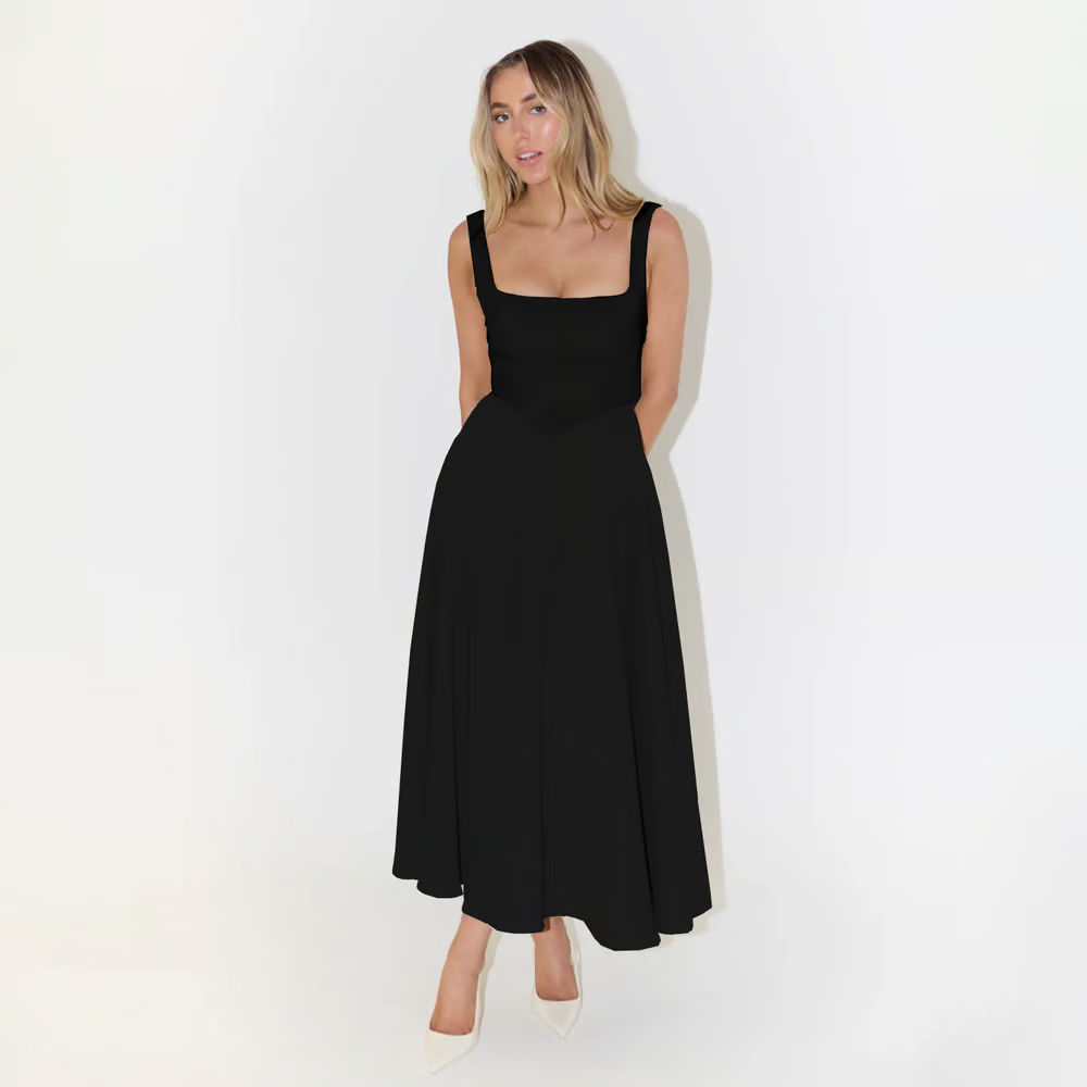 High Waist Square Neck Midi Dress