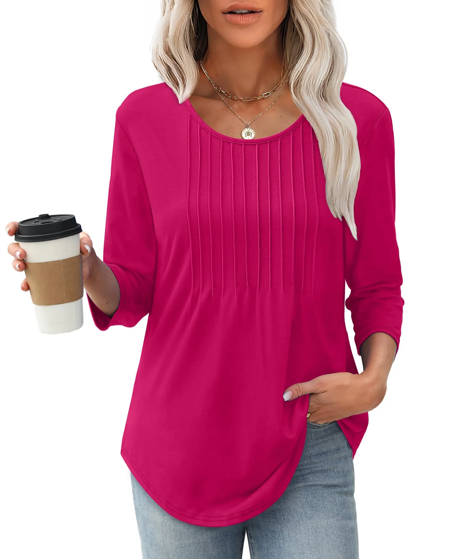 Limited time sale🔥Women's 3/4 Length Sleeve Crewneck Casual Pleated Tunic Tops