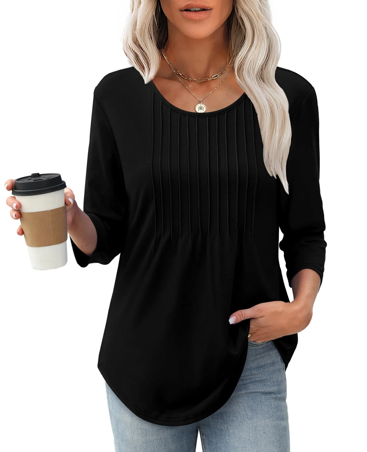 Limited time sale🔥Women's 3/4 Length Sleeve Crewneck Casual Pleated Tunic Tops