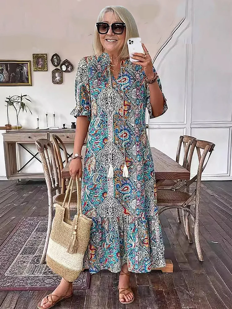 Vacation DRESS Paisley Bohemian Long Length Vintage Print Tassel Tie Neck Tunic Dress - Elegant Vacation Style with Drawstring, Ruffle Hem, and Random Printing