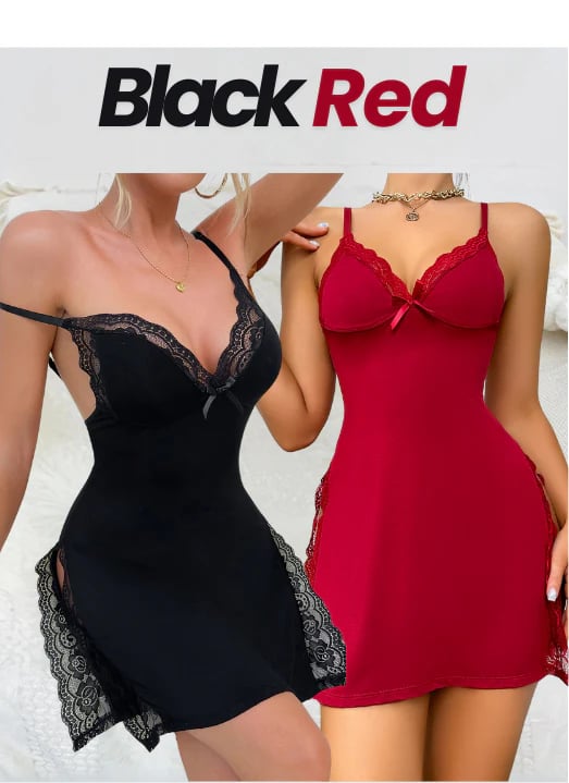 🎉 Lace Trim Slit Bowknot Decor Sleep Dress