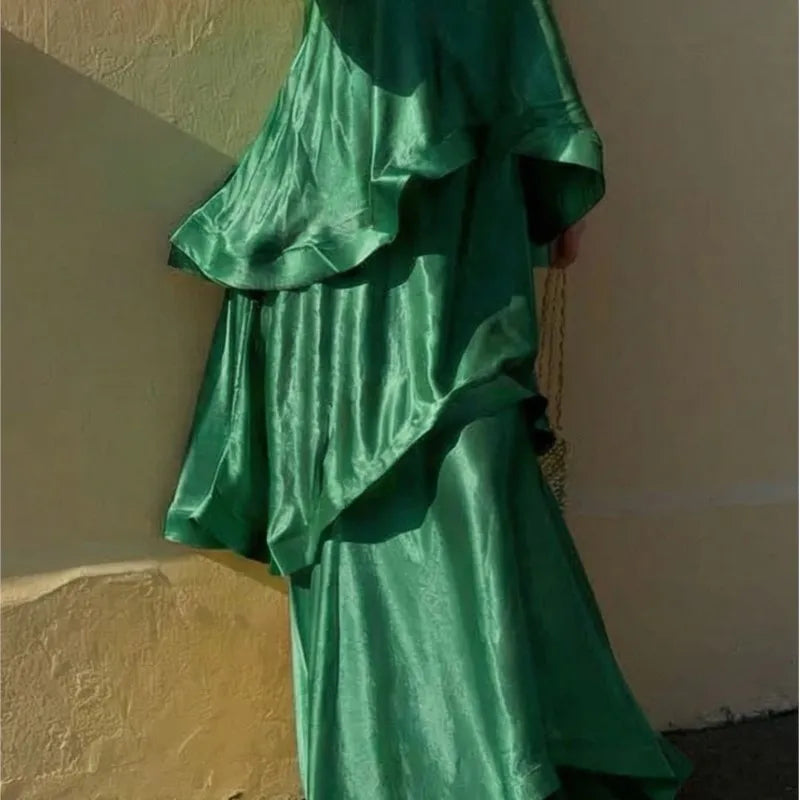 Soft and Smooth Satin Tiered Slip Square Neck A-line Maxi Dress