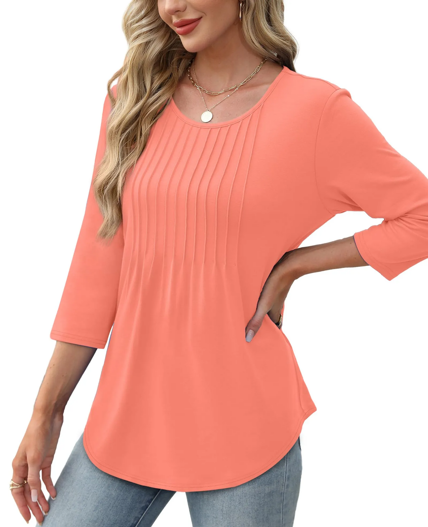 Limited time sale🔥Women's 3/4 Length Sleeve Crewneck Casual Pleated Tunic Tops