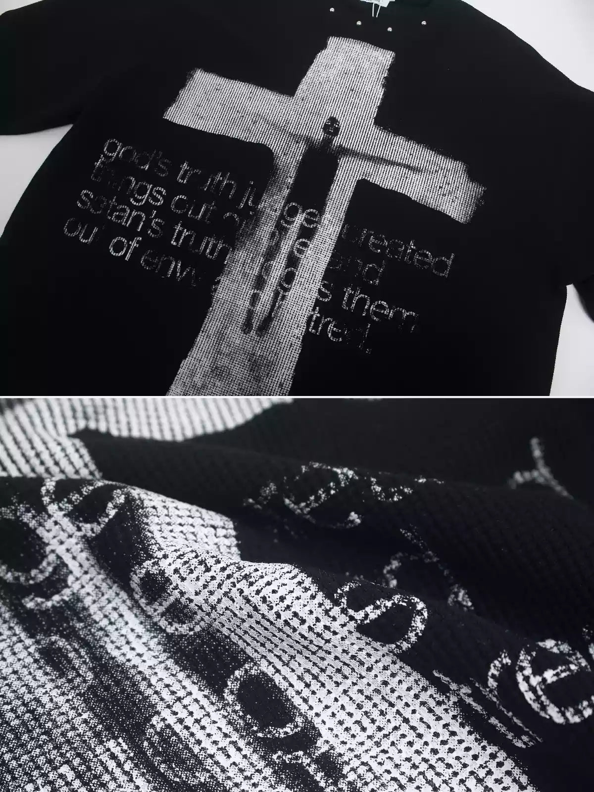 Gothic Cross Graphic Waffle Knit Long Sleeve Tee
