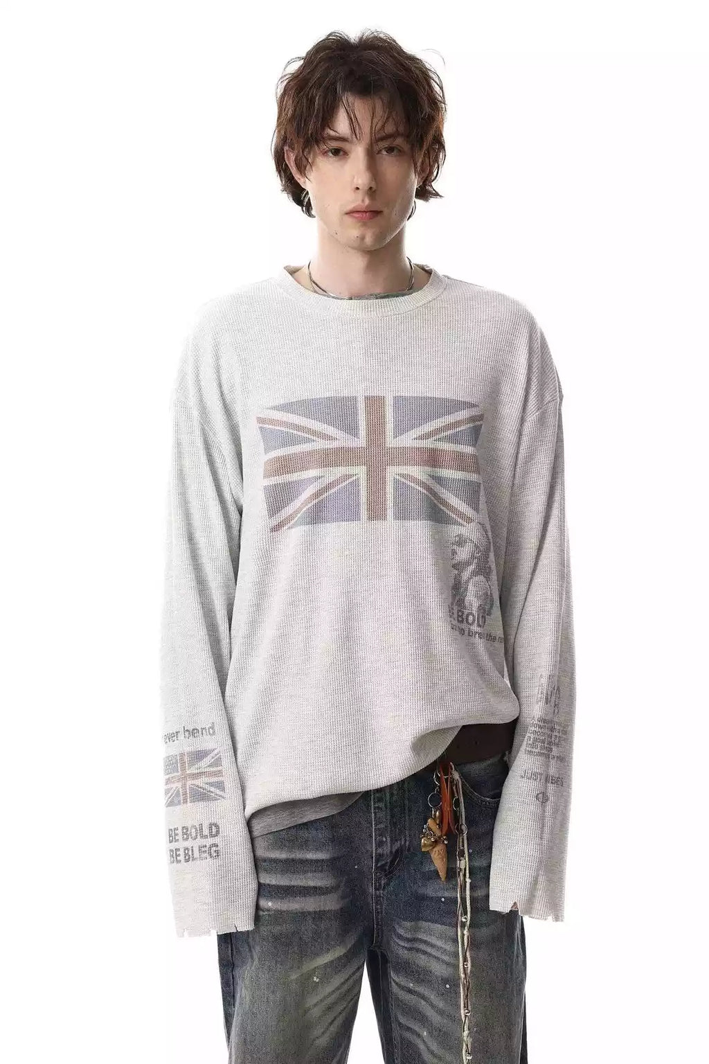 Union-Jack Waffle-Knit Distressed Long-Sleeve Shirt