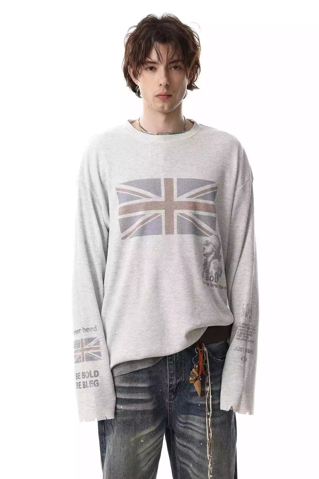 Union-Jack Waffle-Knit Distressed Long-Sleeve Shirt