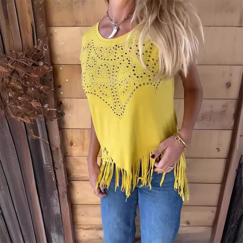🔥HOT SALE 🔥Women's Solid Colour Short Sleeve T-shirt With Hot Print And Frayed Hem