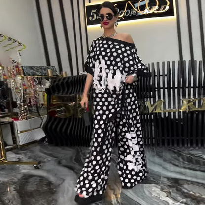 Trendy Polka Dot Print Set for Women: Oversized Top and Wide-Leg Pants