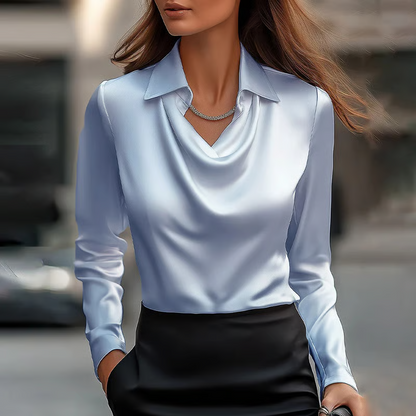 Elegant White Satin Blouse with Draped Neckline