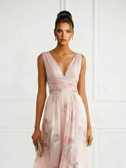 Elegant V-Neck Floral Print Tulle Maxi Dress