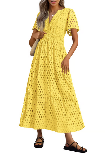2025 Womens Summer V Neck Maxi Dress Short Sleeve Hollow Out Flowy Beach Dress