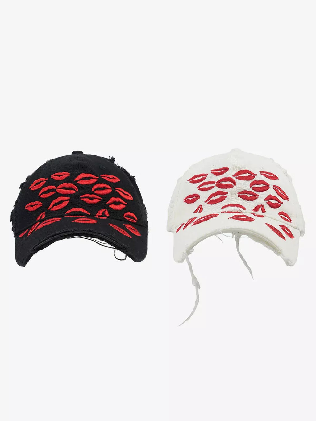 Red Lip Embroidery Distressed Baseball Cap