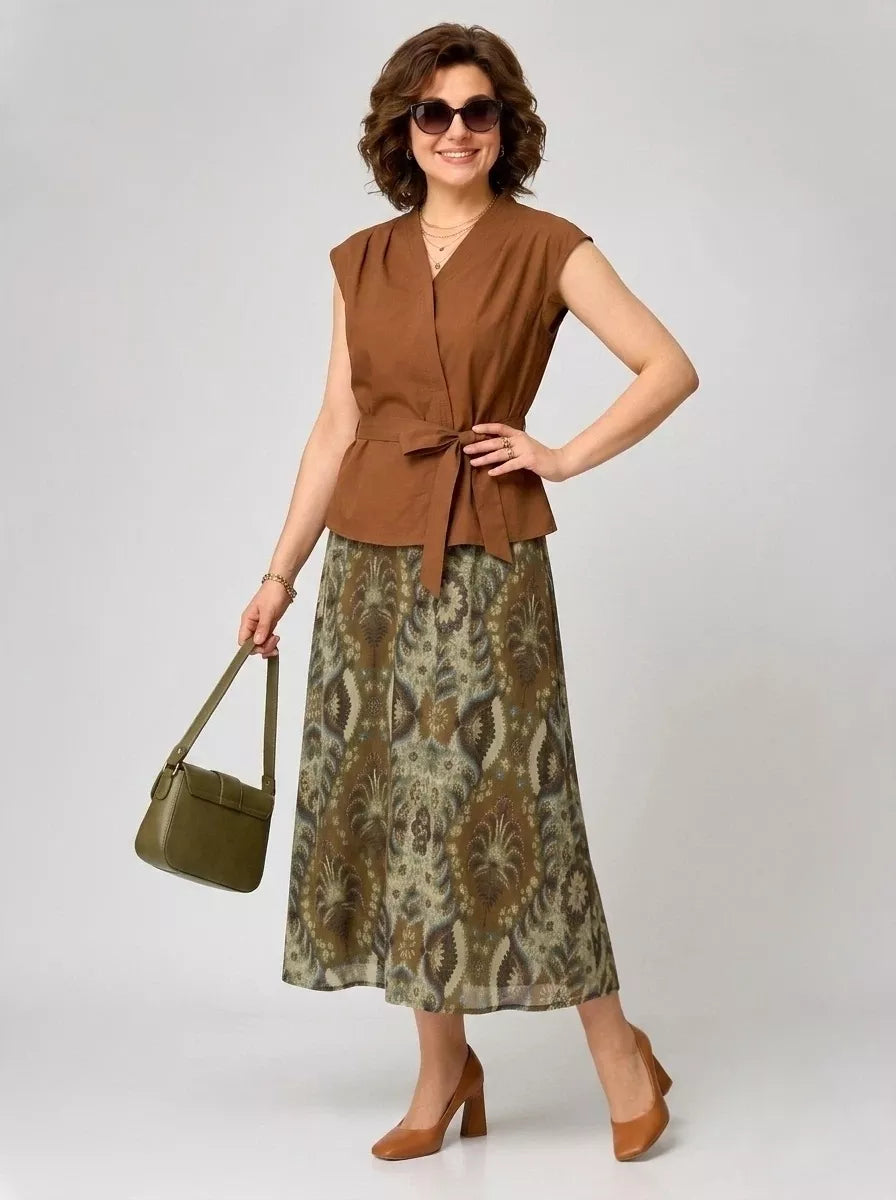 Women's Olive Green V-Neck Wrap Top & Caramel Printed Skirt Set