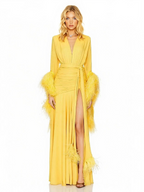 Elegant V-Neck Feather Cuff Flowing Chiffon Maxi Dress
