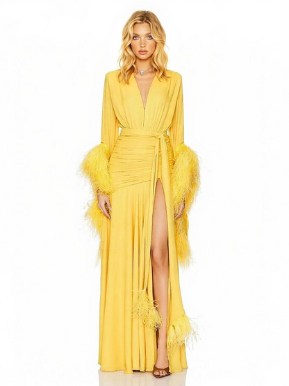 Elegant V-Neck Feather Cuff Flowing Chiffon Maxi Dress