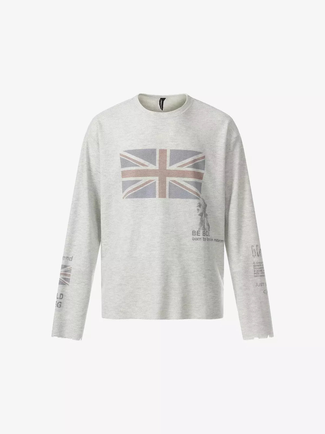 Union-Jack Waffle-Knit Distressed Long-Sleeve Shirt