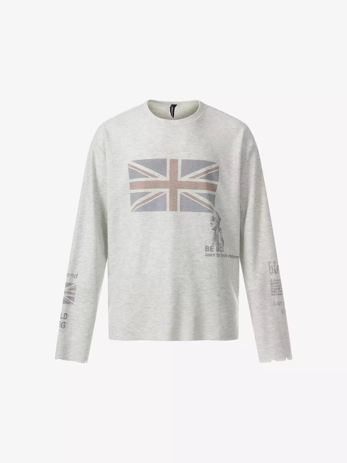 Union-Jack Waffle-Knit Distressed Long-Sleeve Shirt