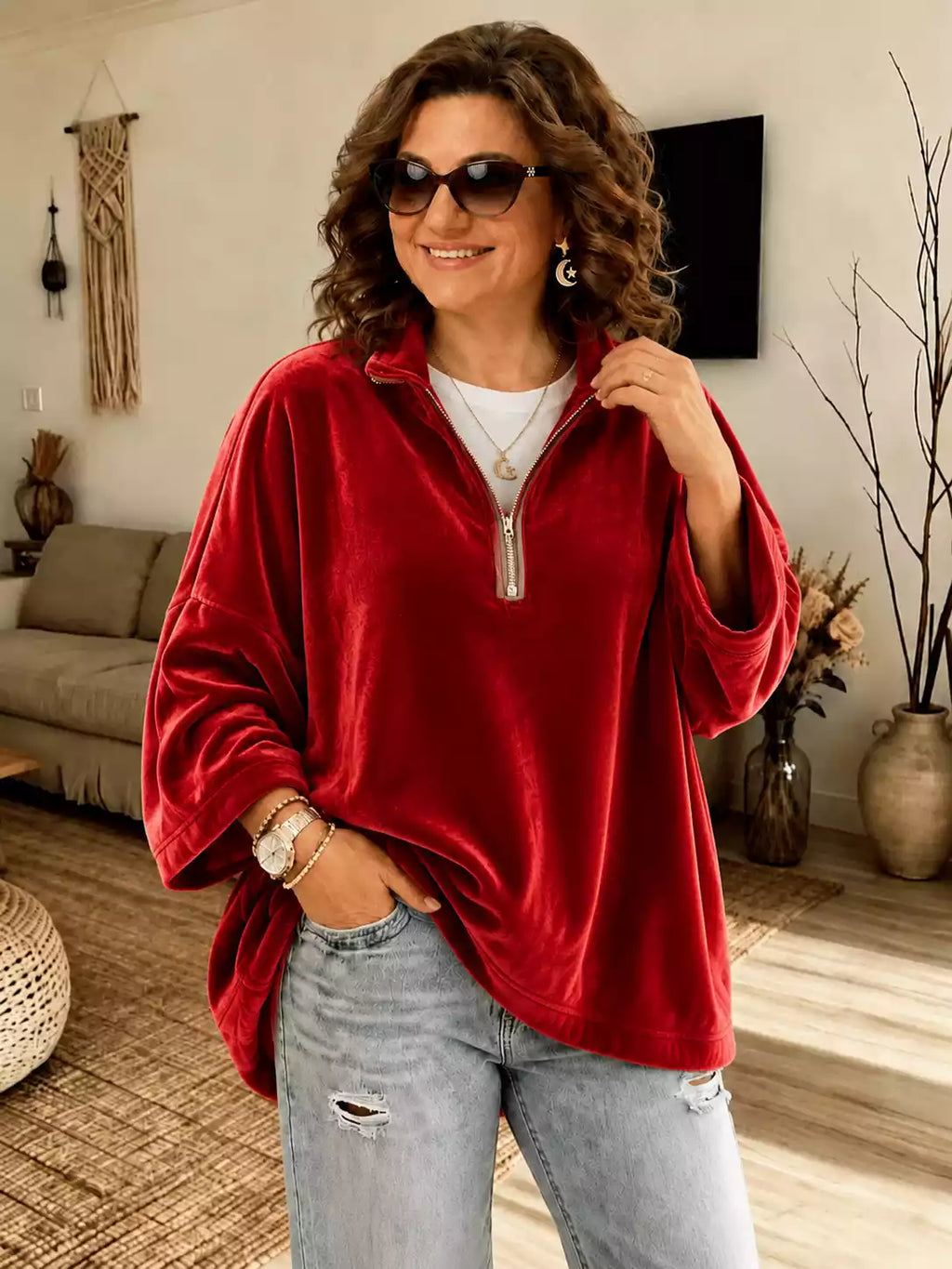 Women's Luxury Velvet Half Zip Pullover Top