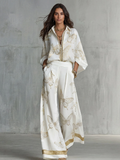 Elegant Butterfly Print Zip-Up Top & Wide Leg Pants Set