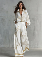 Elegant Butterfly Print Zip-Up Top & Wide Leg Pants Set