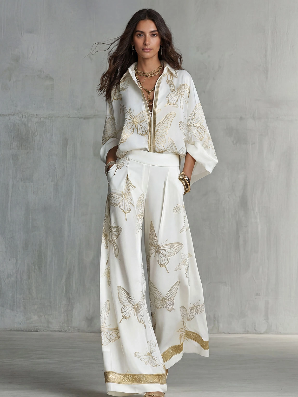 Elegant Butterfly Print Zip-Up Top & Wide Leg Pants Set