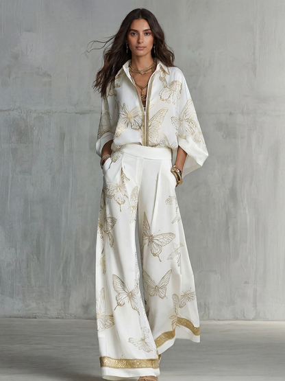 Elegant Butterfly Print Zip-Up Top & Wide Leg Pants Set