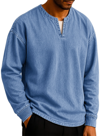 Men's Stylish Casual Outdoor V-neck Distressed Loose-fitting Long-sleeved T-shirt