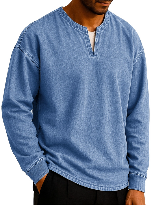 Men's Stylish Casual Outdoor V-neck Distressed Loose-fitting Long-sleeved T-shirt