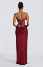 Kathleen Floral Lace Contrast Structural Detail Back Lace-up Satin Hem Strapless Maxi Dress