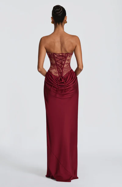 Kathleen Floral Lace Contrast Structural Detail Back Lace-up Satin Hem Strapless Maxi Dress