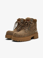 Distressed-Denim Broad-Toe Chunky Platform Boot