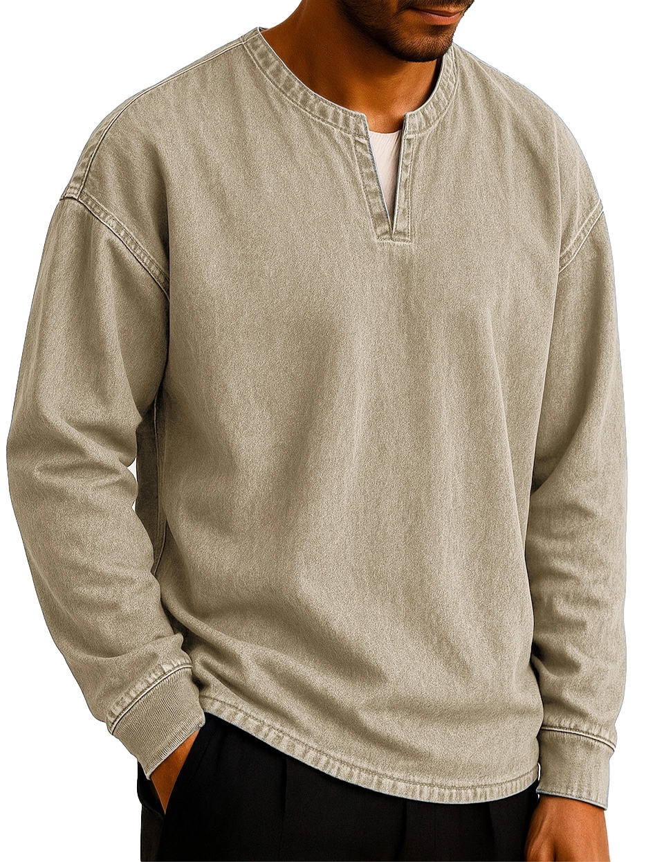 Men's Stylish Casual Outdoor V-neck Distressed Loose-fitting Long-sleeved T-shirt