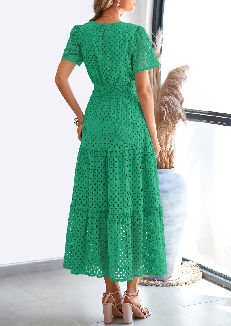 2025 Womens Summer V Neck Maxi Dress Short Sleeve Hollow Out Flowy Beach Dress