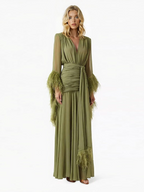 Elegant V-Neck Feather Cuff Flowing Chiffon Maxi Dress