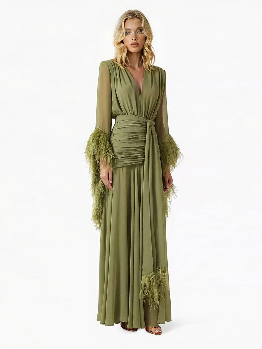 Elegant V-Neck Feather Cuff Flowing Chiffon Maxi Dress
