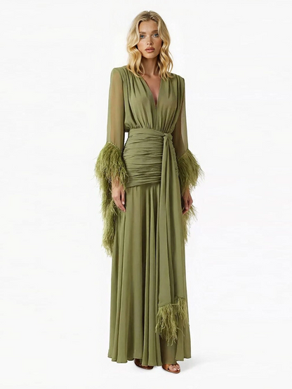 Elegant V-Neck Feather Cuff Flowing Chiffon Maxi Dress