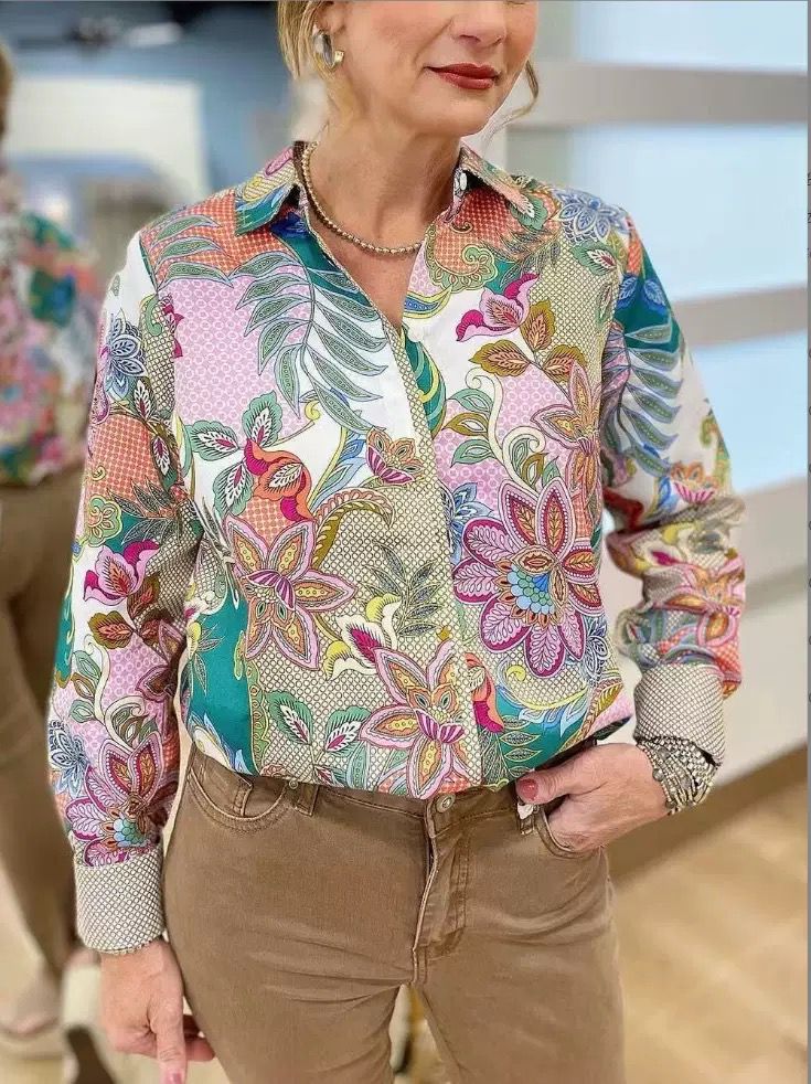 Multi Floral Print Collared Long Sleeve Blouse