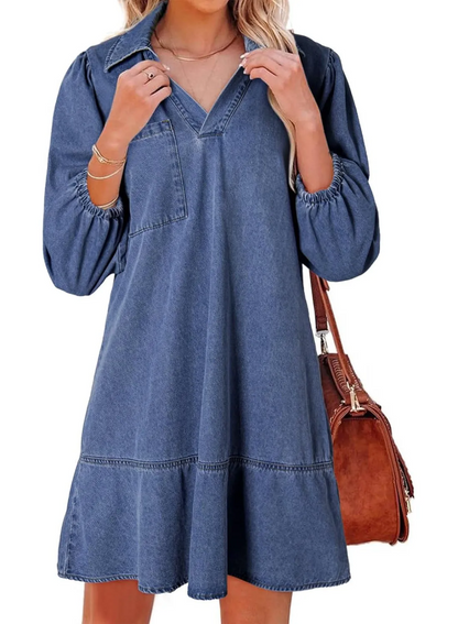 Women's V-neck Puff Sleeve Denim Layered Dress(BUY 2 FREE SHIPPING)