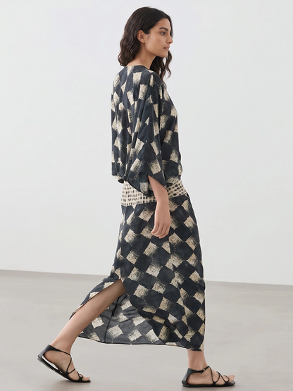 Casual Abstract Plaid Print Kimono Sleeve Maxi Dress